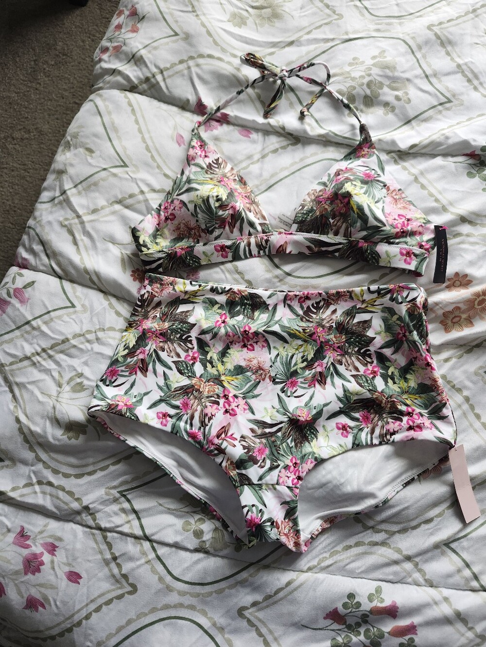 PINK Victoria's Secret White Bikini with Pink Floral & Green Leaves